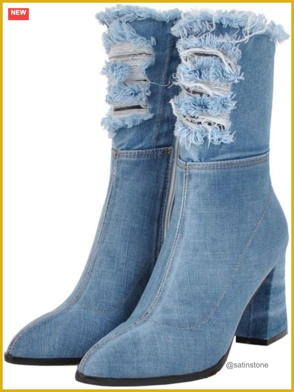Denim Ankle Boots for Women Pointed Toe Chunky High Heel Mid Calf Booties with